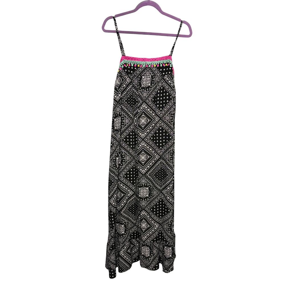 THML Black Embroidered Bandana Print Relaxed Fit Boho Southwestern Midi Dress L - Picture 3 of 9